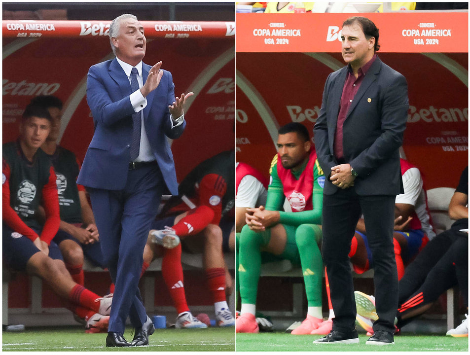 Combo de dos fotografías donde se ven los entrenadores argentinos Gustavo Alfaro y Néstor Lorenzo. Alfaro y Lorenzo, de Costa Rica y Colombia. EPA-EFE/ LESLIE PLAZA JOHNSON/CAROLINE BREHMAN