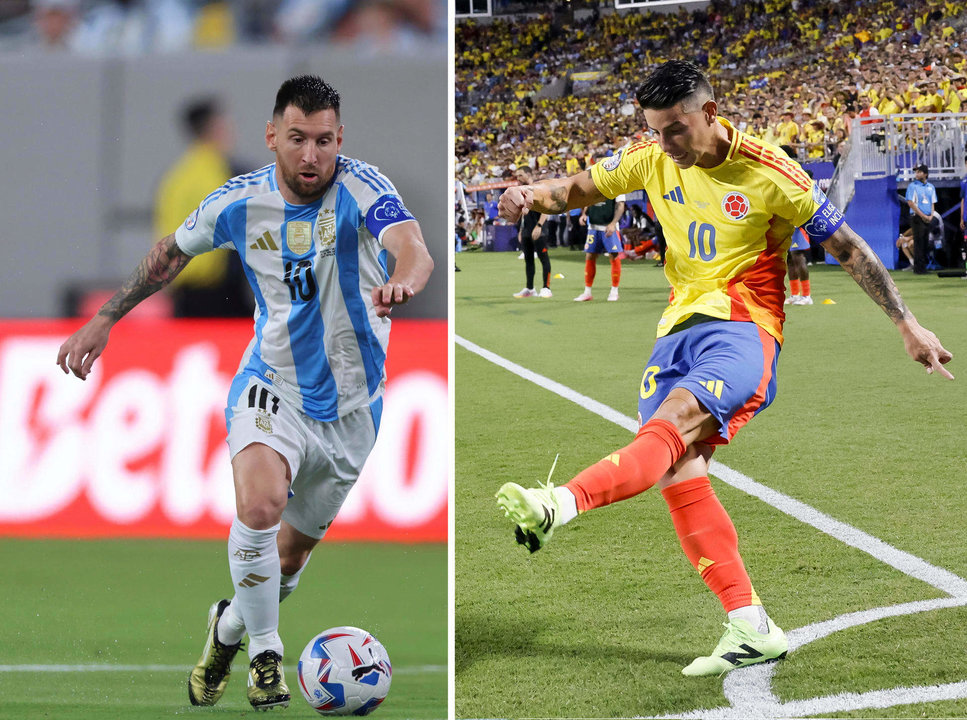 Combo de dos fotografías del jugador argentino Lionel Messi (i) y el colombiano James Rodríguez. Messi contra Rodríguez. EFE/EPA/ERIK S. LESSER